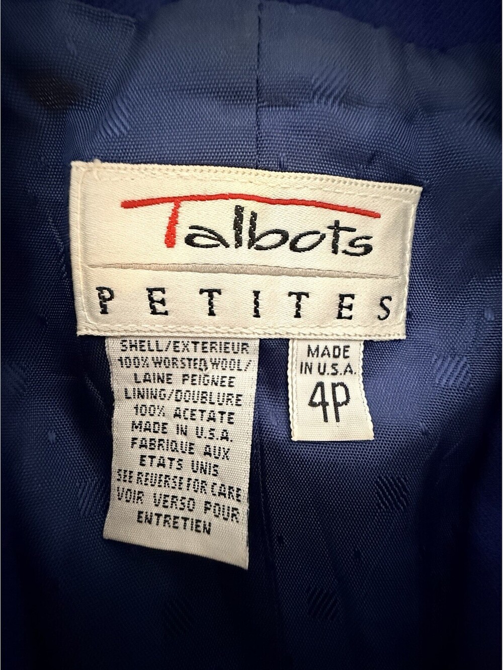 Talbots Petites Womens 100 Pure Wool Blazer Royal Blue 4P Made in the USA